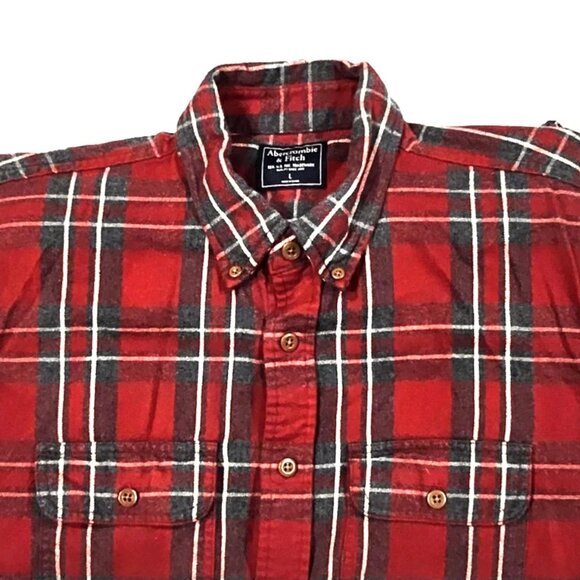 Abercrombie & Fitch Men’s Red Plaid Flannel Button Down Shirt Size Large - Picture 2 of 10